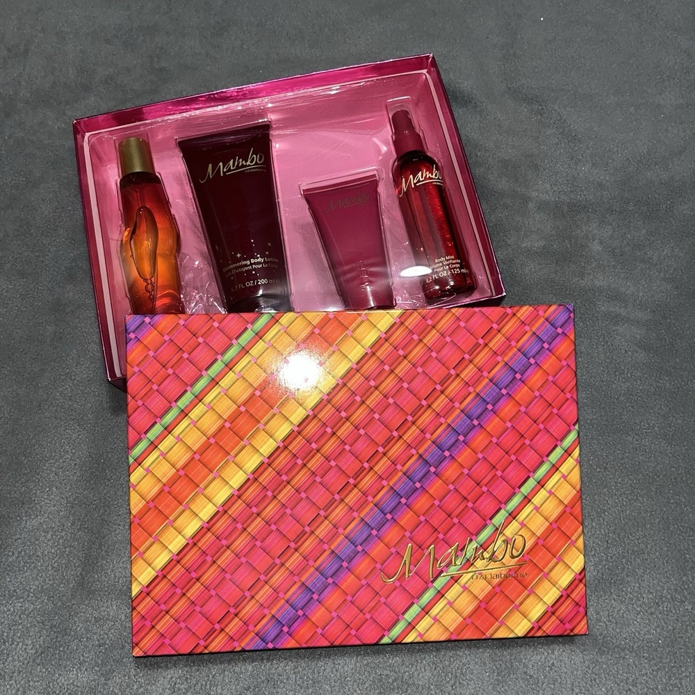 VTG 4 Pc LIZ CLAIBORNE Mambo Perfume-Body Lotion-Body Scrub-Body Mist Gift Set